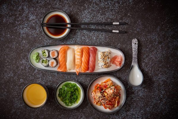 asian-food-assortment-various-sushi-rolls-placed-ceramic-plates-kimchi-goma-wakame-salads-soy-souce-chopsticks-sides-grungy-dark-background-with-copy-space (2)